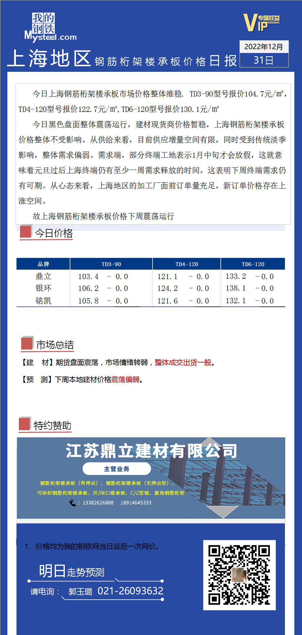 <a href='https://www.mysteel.com/' target='_blank' style='color:#3861ab'>Mysteel</a>日报：上海市场钢筋桁架楼承板价格维稳